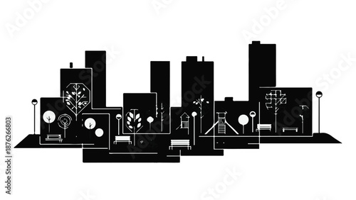 Stylized cityscape silhouette with trees and lights, representing urban life and modern architecture.