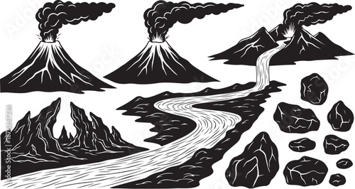 Volcanic Landscape with Mountains, River, and Rocks Illustration Art