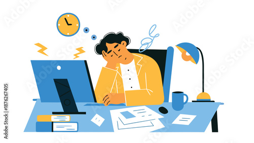 Overwhelmed businessman struggling with deadline stress at office desk