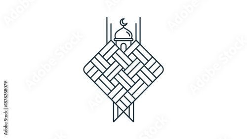 Minimalist line art illustration of a ketupat with a mosque dome and crescent moon, symbolizing Eid al-Fitr celebration.