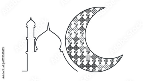 Outline drawing of a mosque dome and minaret with a patterned crescent moon, symbolizing Islamic culture and religion.