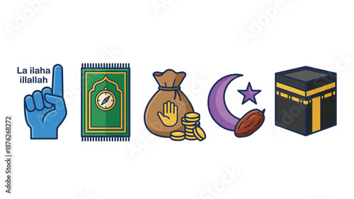 Illustrative icons representing the Five Pillars of Islam, including Shahada, Salat, Zakat, Sawm, and Hajj, on a white background.