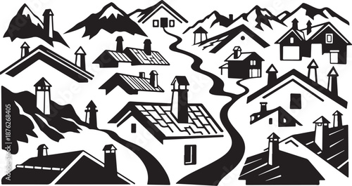 Black and white illustration of a mountain village scene