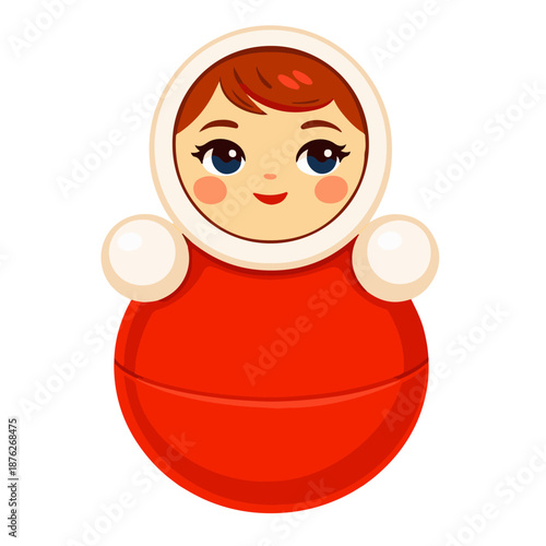 Cute roly poly doll vector illustration in traditional Russian folk style. Bright red toy with friendly face, flat shapes and clean design for children graphics, cultural projects, education