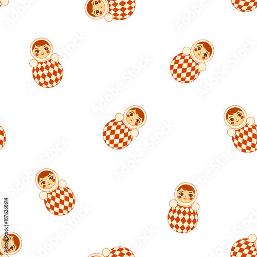 Seamless vector pattern with cute matryoshka roly poly dolls in vintage circus style. Russian folk toy illustration with harlequin costume, playful retro design for kids fabric, wrapping paper