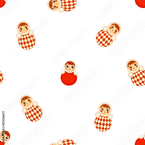 Seamless vector pattern with cute matryoshka roly poly dolls in vintage circus style. Russian folk toy illustration with harlequin costume, playful retro design for kids fabric, wrapping paper
