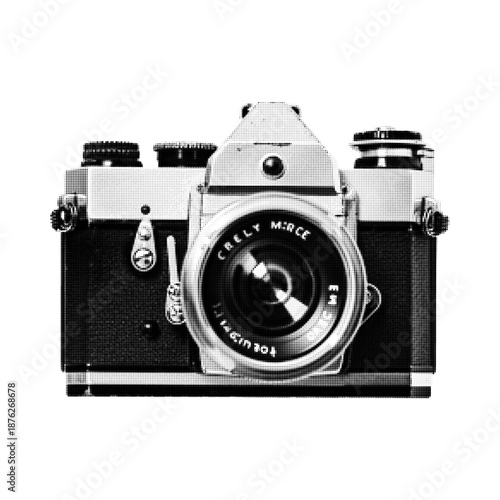Black and white halftone illustration of a vintage film camera, front view, isolated on white background. Retro photography and analog technology concept for media, art, and nostalgia design.