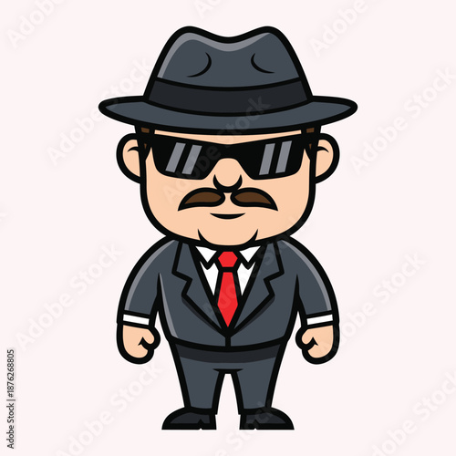 Cartoon man in gray suit and hat with red tie and sunglasses