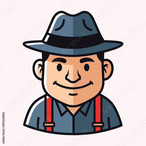 Cartoon man wearing blue hat and red suspenders