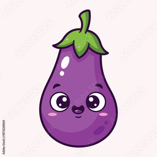 Cartoon purple eggplant with green leaves and smiling face