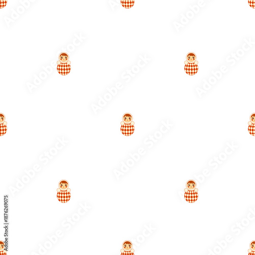Seamless vector pattern with cute roly poly doll inspired by Russian folk toy and vintage circus aesthetics. Minimal flat illustration on white background, playful retro character, perfect for kids