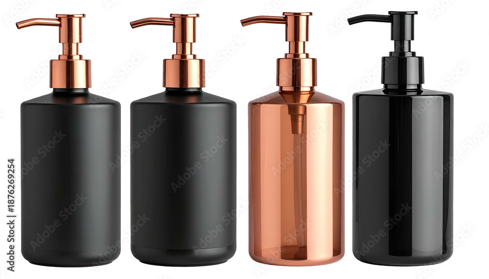 Obraz premium Four sleek pump bottles, varying shades of black and copper, isolated on black