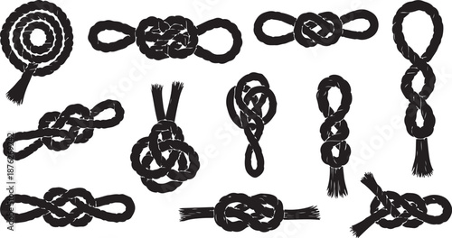 Various knots and cord illustrations in black and white