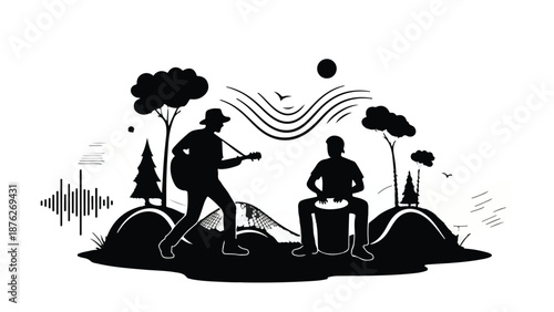 Silhouettes of two musicians creating music outdoors with guitar and drums, surrounded by nature and sound waves.