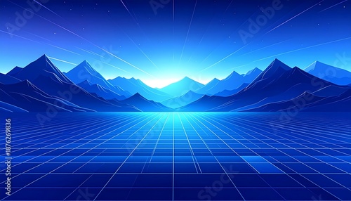 A futuristic digital landscape with blue mountains and grid lines