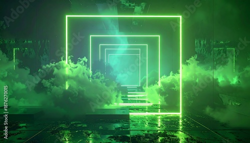 A futuristic green-lit tunnel with neon outlines and foggy atmosphere