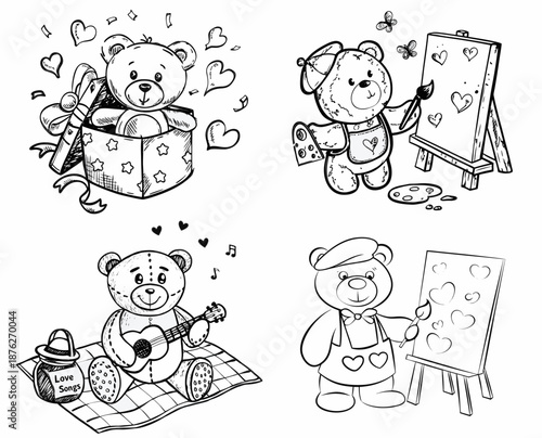 Cute teddy bears celebrating love with art and music