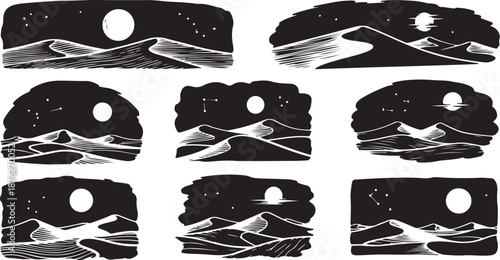 Monochrome mountain landscape collage with moon and stars