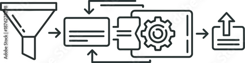 Business process optimization flowchart with funnel gear and upload icons for workflow automation and efficiency improvement in corporate operations