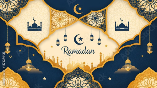 Ramadan Kareem banner with Islamic patterns mosque silhouettes and crescent moon festive greeting for Muslim holidays