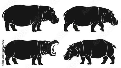 Set of four hippo silhouettes in different styles, clean vector illustrations.