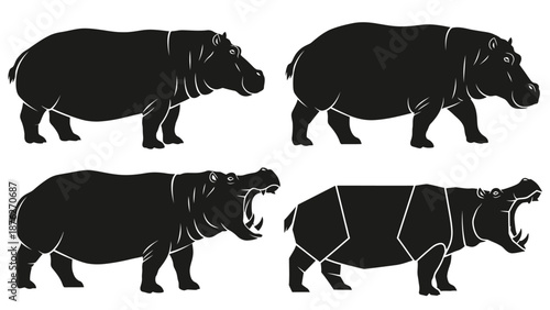 Set of four hippo silhouettes in different styles, clean vector illustrations.