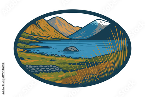 Retro Vintage Style Vector Illustration of a Mountain Lake Landscape Badge