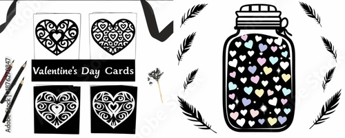 Valentine's Day card making with heart designs and colorful jar