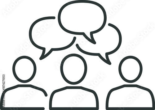 Simple line illustration of people talking in discussion with speech bubbles, communication concept for business, teamwork, or social interaction