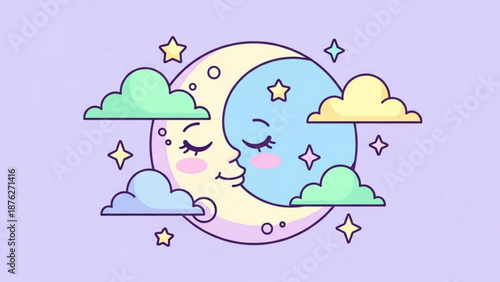 Cute crescent moon couple with stars and clouds whimsical night sky illustration for childrens designs pastel colors