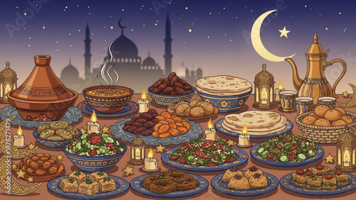 Ramadan Iftar feast with traditional food and Islamic architecture background festive celebration and cultural event detailed illus