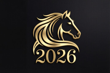 Luxury 3D Golden Horse Head Logo for 2026 Chinese Lunar New Year on Black Background 4k