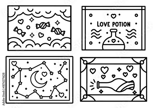 Whimsical illustrations of love themed icons and symbols