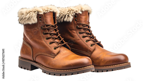 Pair of leather boots, fur-lined collar, light brown, laces, thick sole