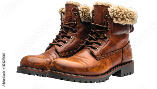 Pair of well-worn, brown leather boots with fur lining and laces, isolated on black