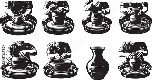 Illustration of pottery making process with various stages shown