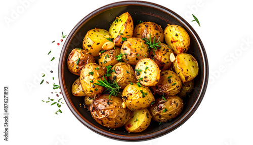 Close-up of roasted baby potatoes with herbs in a dark bowl on black