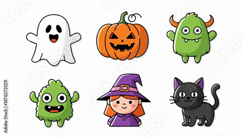 Whimsical Halloween icons a ghost, pumpkin, two monsters, witch, and cat
