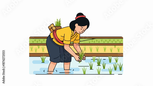 Woman planting rice in flooded fields, traditional agriculture, rural scene