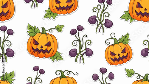 Whimsical Halloween pattern of grinning jack-o'-lanterns and spooky purple berries on vines