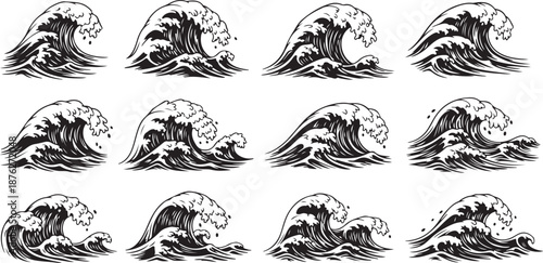 Monochrome Ocean Waves Crashing in Various Dynamic Motions Set
