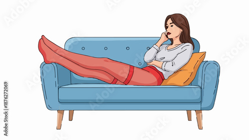 Woman relaxes on blue sofa, legs up, contemplating