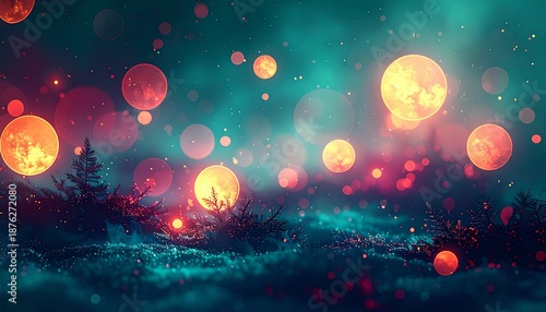 Enchanted nocturnal forest scene bathed in the soft glow of myriad ethereal lights, casting a dreamlike and mysterious aura over the serene landscape