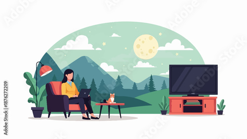 Woman with cat works on laptop in cozy living room, moonlight over mountains
