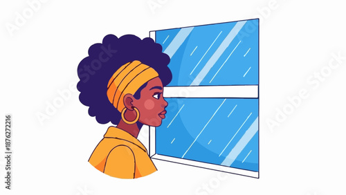 Woman with afro and bandana looks out a blue window