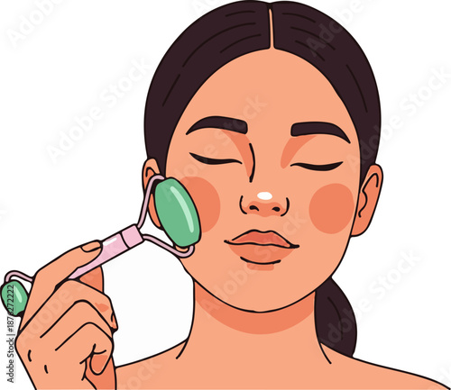 Woman with closed eyes uses a jade roller on her cheek for facial massage