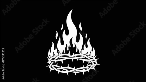 White crown of thorns engulfed in stylized flames against a black background