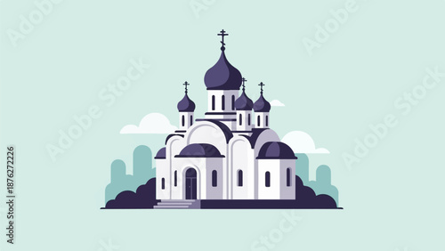 White domed orthodox church with purple accents on a light blue background