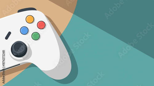 White gamepad with colorful buttons and a thumbstick rests on a teal and brown background