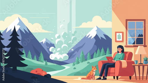 Woman with laptop and dog inside, looking at mountain landscape through window